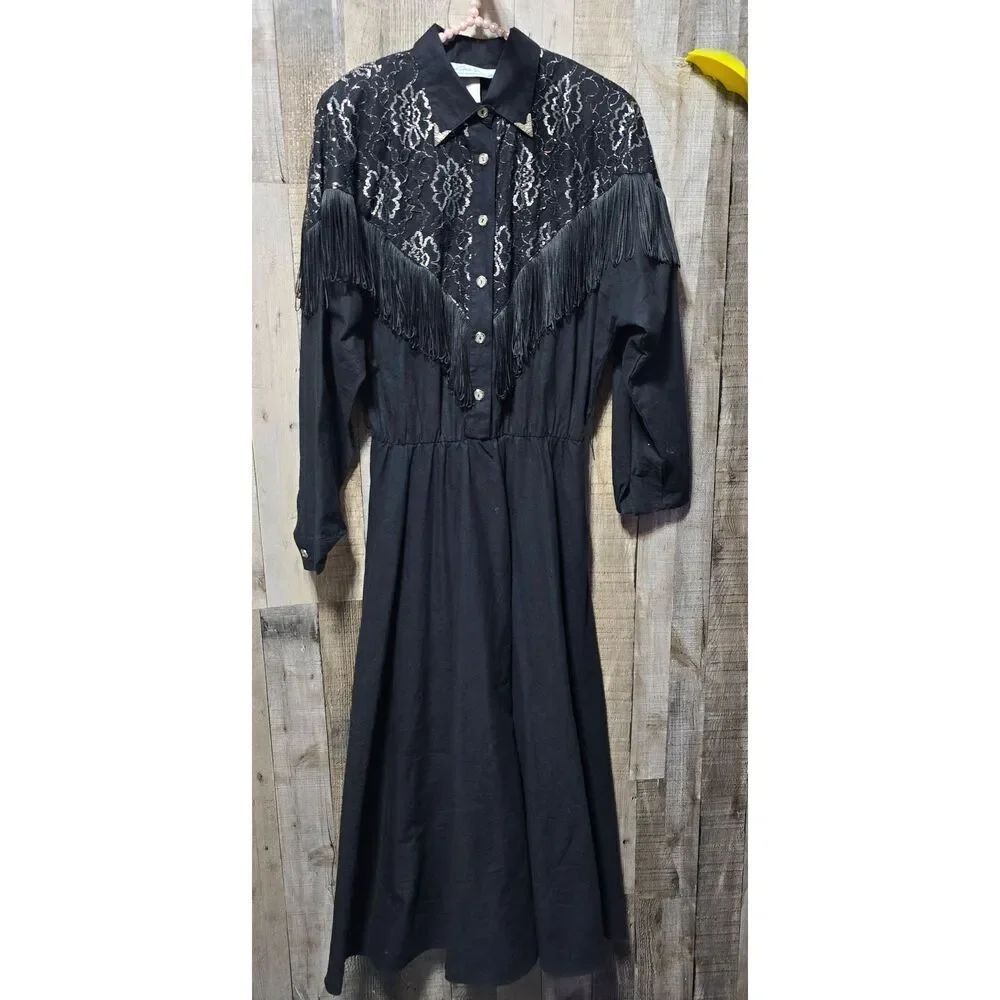Lilia Smitty Black Silver Floral Embroidered Fringe Dress 16 Rodeo Queen Rockabi
